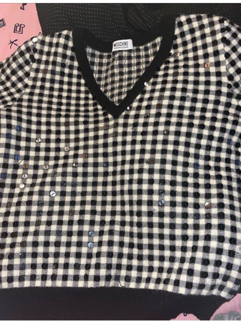 Vintage Moschino Cheap and Chic Sequin Gingham V-Neck Knit Sweater